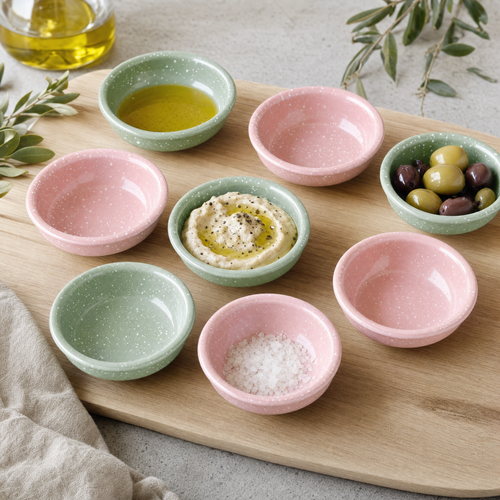 Sage and blush speckled enamel dip bowls on a board