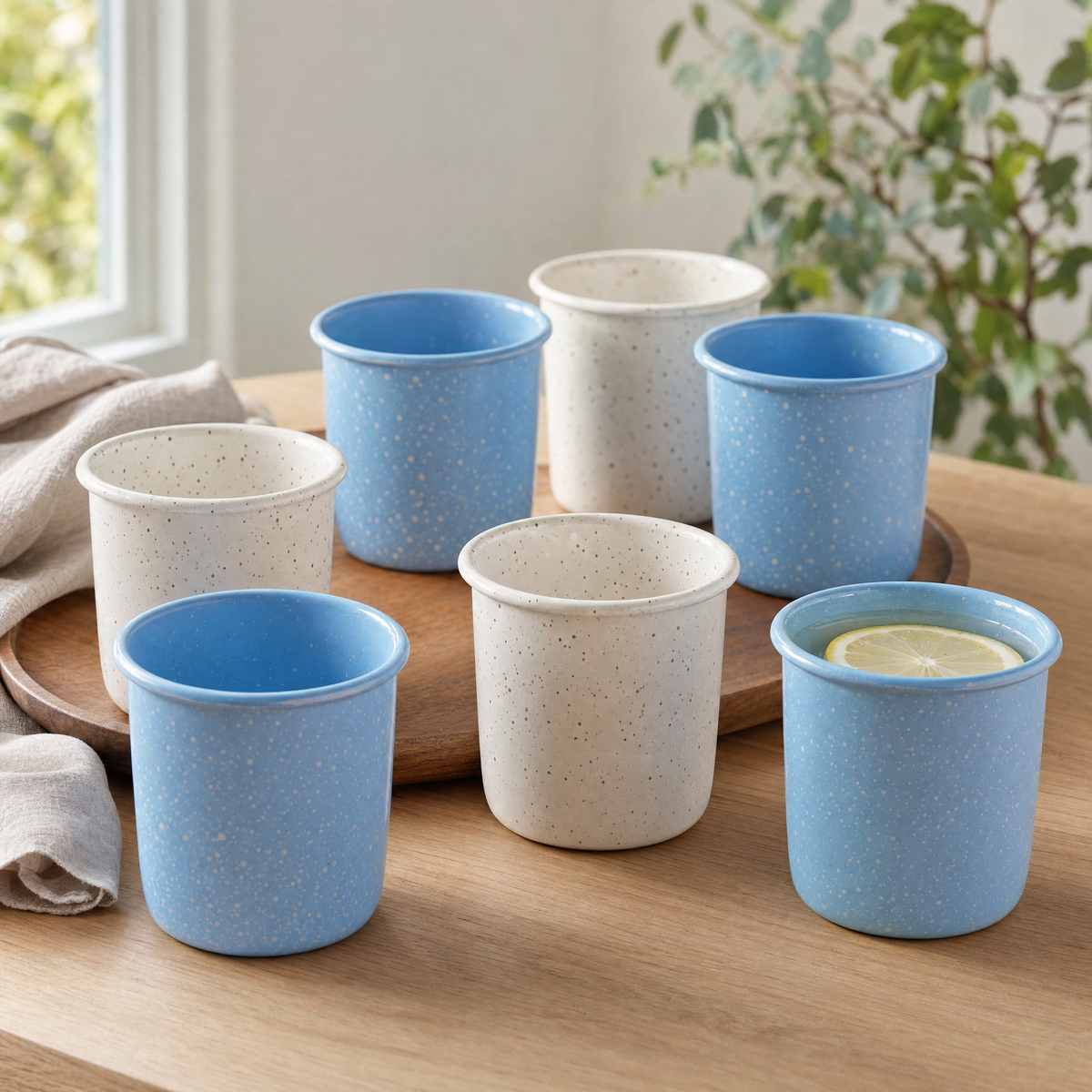 Ivory and sky blue speckled enamel tumblers
