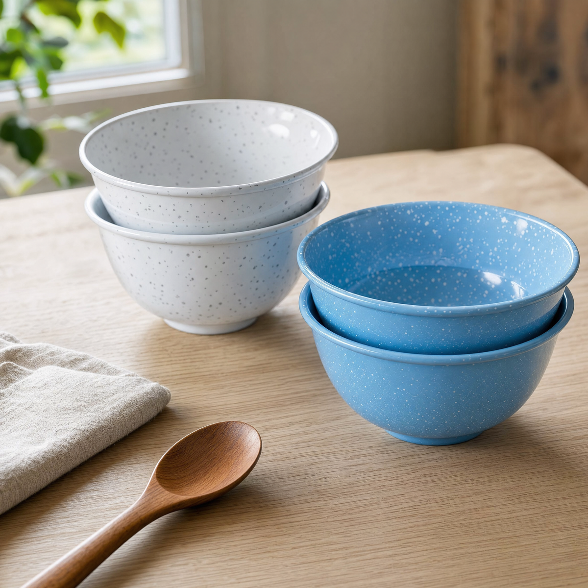 White and sky blue speckled enamel bowls stacked in pairs