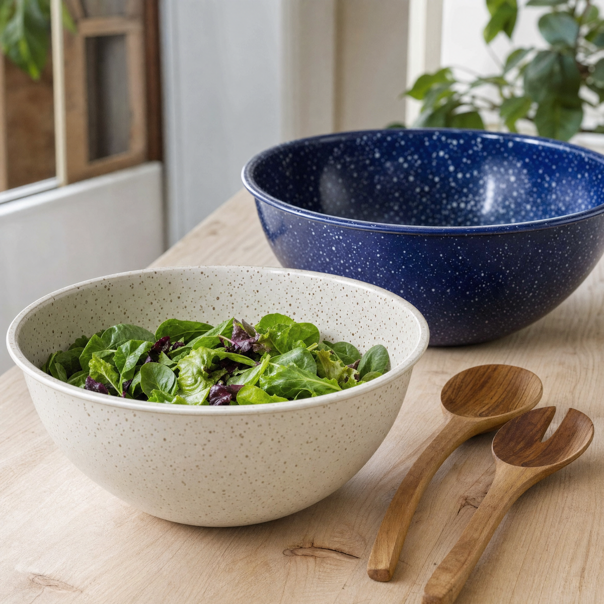 Ivory speckled enamel salad bowl with a cobalt bowl behind